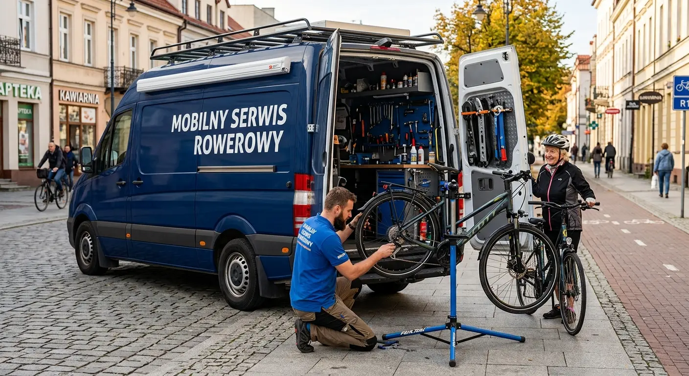 Mechanik mobilnego serwisu rowerowego naprawia rower na ulicy obok busa z napisem Mobilny Serwis Rowerowy
